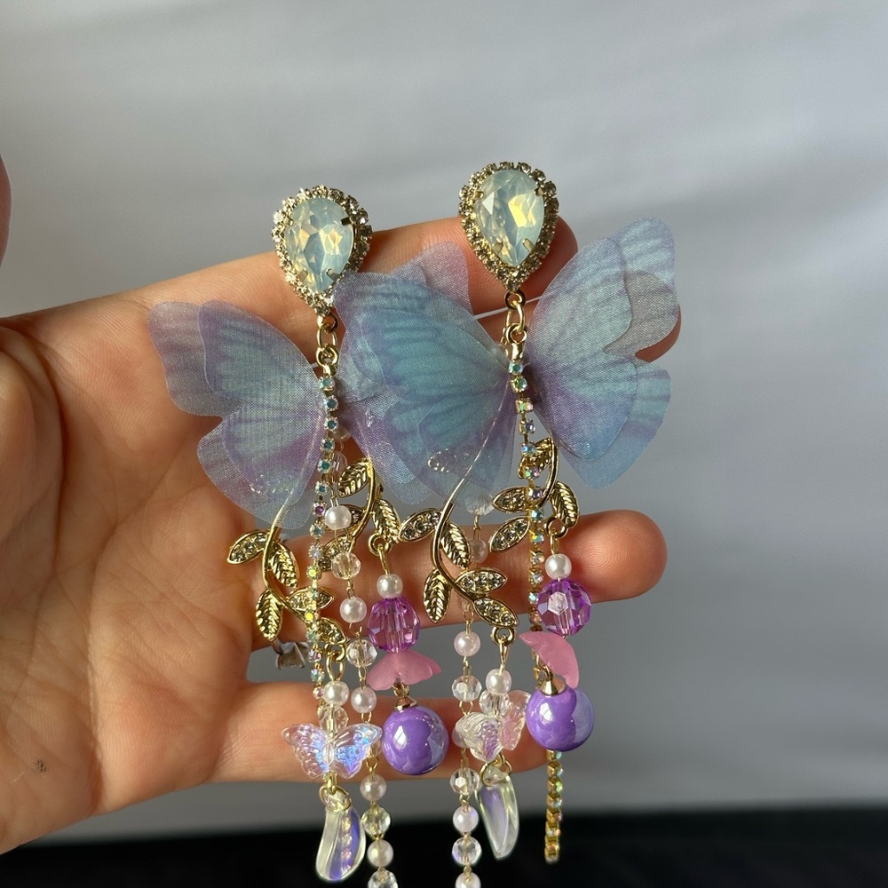 Elegant Butterfly Dangle Earrings with Purple and Gold Accents